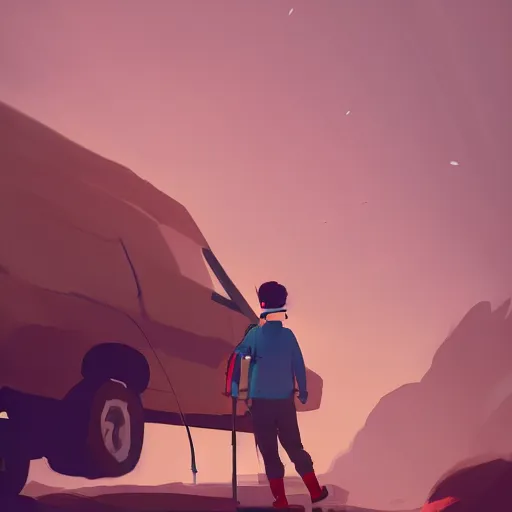 Image similar to hiker unloading the car before camping, by atey ghailan, cgsociety, fantasy art, 2 d game art