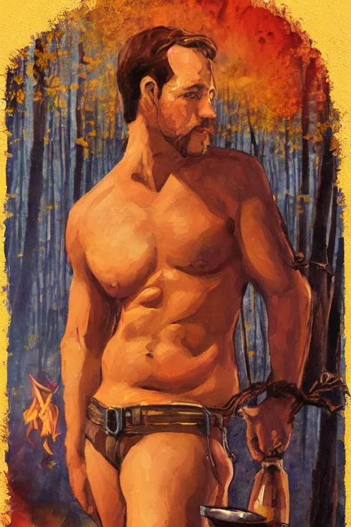 Prompt: ethereal dramatic tarot card painting of a shirtless handsome! smirking! cowboy! with a fat build and belly | sitting | background is a serene campfire | tin cans and jugs of whisky | tarot card, art deco, art nouveau | by Mark Maggiori | trending on artstation