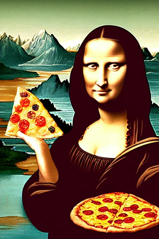 Prompt: real life color woman holding a slice of pizza in her hands, the slice of pizza is held in mid air, near her face, in the artistic style of mona lisa