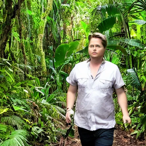 Prompt: photo of Tim heidecker walking through the jungle, far view