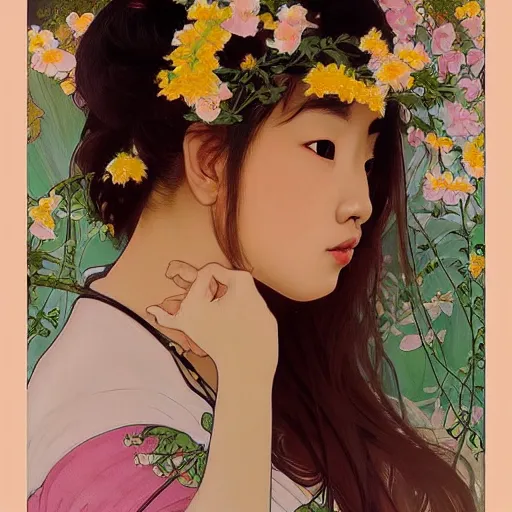 Prompt: a portrait of a very beautiful Asian young woman with giant flowers behind her head, in the style of WLOP and Alphonse Mucha and Ross Tran, realistic, seductive, closeup, facing the camera, dramatic lighting