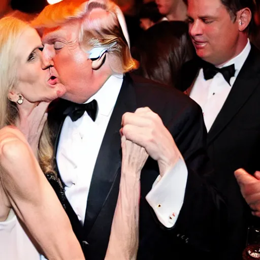 Image similar to donald trump in black tuxedo kissing ann coulter in a nightclub.