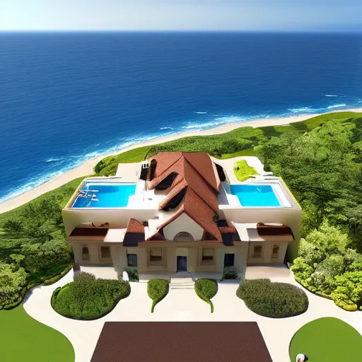 Prompt: design of a luxurious villa on a cliff, aerial view, roman design, ligh brown color scheme, vivid lighting, 4 k