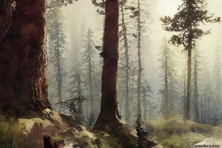 Prompt: watercolor painting of scandinavian mythology, pines, magical, ambient lighting, art by hans gude, art by hans dahl, by jesper ejsing, art by anders zorn, wonderful masterpiece by greg rutkowski, cinematic light, american romanticism by greg manchess, creation by tyler edlin, heavy clouds and sun