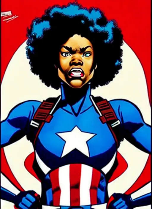 Image similar to beautiful black female captain america. afro - feminist captain america wins wwii. american wwii propaganda poster by james gurney, rob liefeld and pixar. gorgeous face. overwatch, realistic. black power