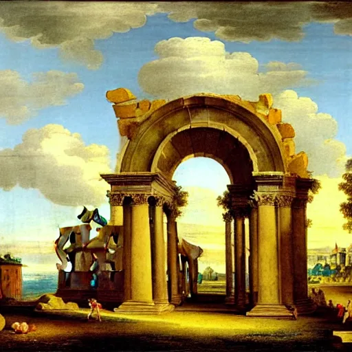 Prompt: view of the ruins of the arch of ronald macdonald by marco ricci, giovanni paolo panini