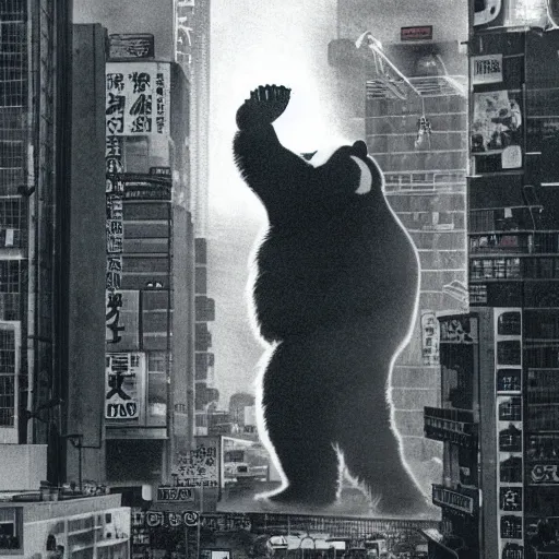 Image similar to giant panda destroying tokyo in the style of the movie godzilla, cinematic lighting, cinematic framing and shadows 1 9 7 0 s aesthetic