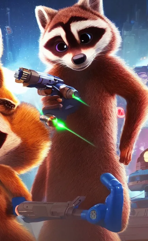 Image similar to “red racoon holding laser gun standing face to face off with blue racoon holding laser gun, cinematic, dramatic in the style of zootopia”