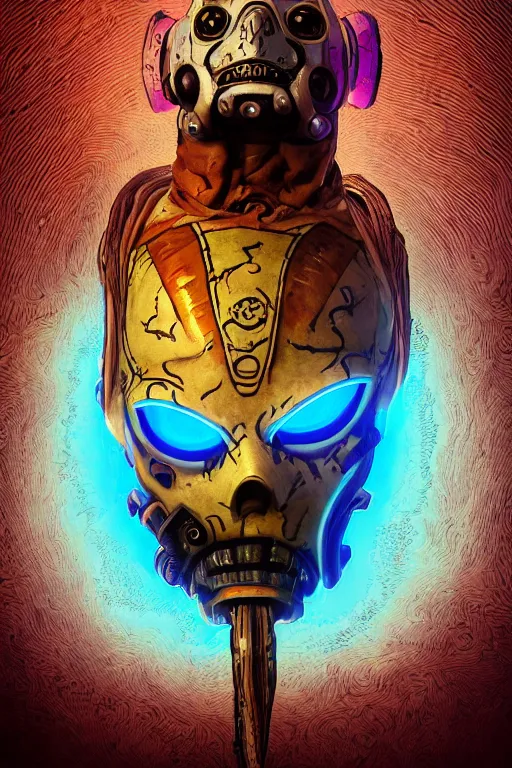 Image similar to tribal vodoo mask eye radiating a glowing aura global illumination ray tracing hdr fanart arstation by ian pesty and katarzyna da „ bek - chmiel that looks like it is from borderlands and by feng zhu and loish and laurie greasley, victo ngai, andreas rocha, john harris wooly hair cut feather stone