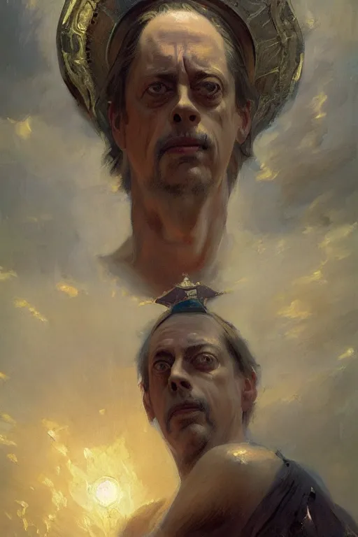 Image similar to beautiful impressionistic oil painting portrait of ancient roman god emperor steve buscemi ascending wearing the civic crown levitating in religious pose, art by anders zorn, wonderful masterpiece by greg rutkowski, expressive brush strokes, beautiful cinematic light, american romanticism by greg manchess, jessica rossier