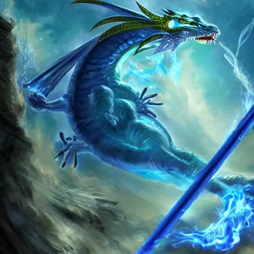 Image similar to a spirit of a water dragon being released by a blue elemental sword, fantasy art