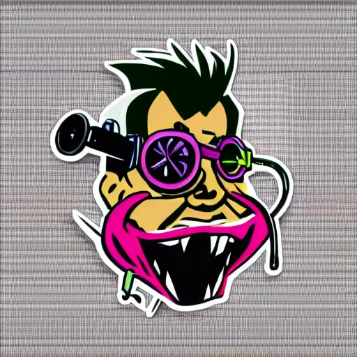 Image similar to svg vector sticker of absolutely insane-mad-scientist-villain, rocking out, wearing headphones, huge speakers, dancing, rave, DJ, spinning records, digital art, amazing composition, rule-of-thirds, award-winning, trending on artstation, featured on deviantart