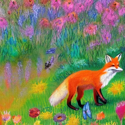 Prompt: an impressionist illustration of a fox running through a colorful field of flowers filled with bees and butterflies