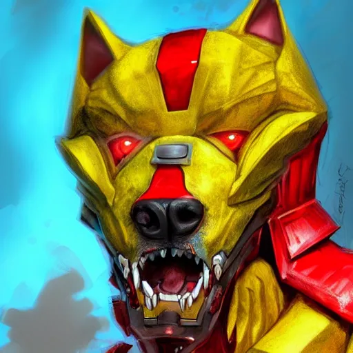 Image similar to digital drawing of a yellow monster dog with iron armor and fangs protruding from its snout, concept art, hyper detailed, global light, painted, yellow and red, low contrast, lowlights, hdr 8 k, by artgerm