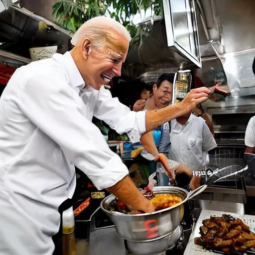 Prompt: a photo of joe biden working as a hawker, frying food on a wok, in a singapore hawker center, press photography