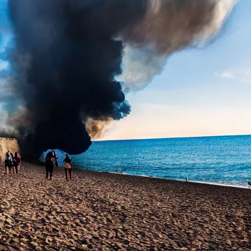 Image similar to a press photography tourists escaping a Crimean beach ⛱️ , explosions in the background, dark smoke in the distance, blue sky