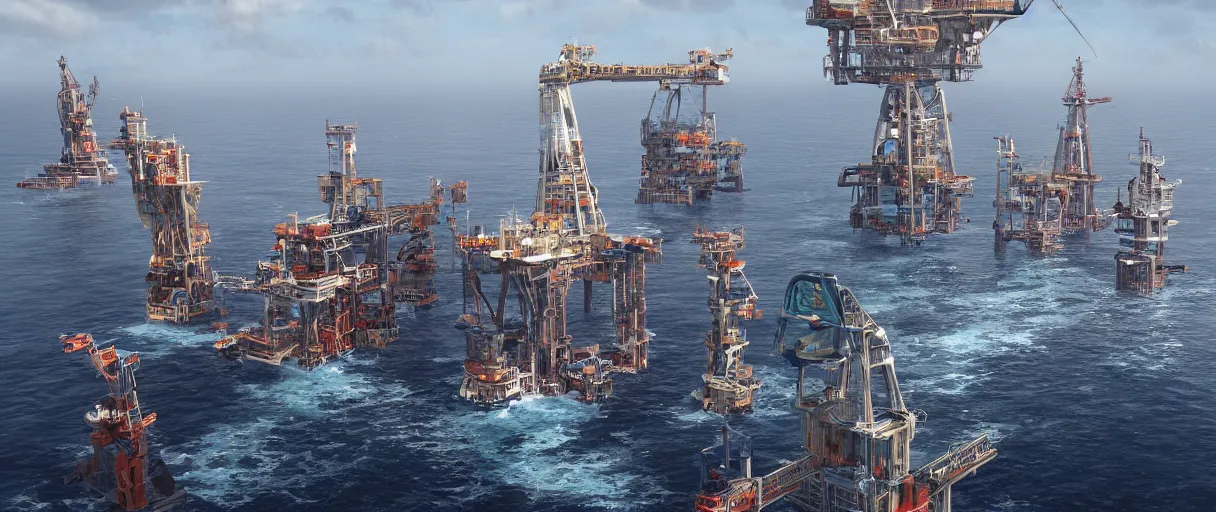 Image similar to futuristic oil rigs on the ocean, sci fi, artstation, detailed render, high quality, 8k