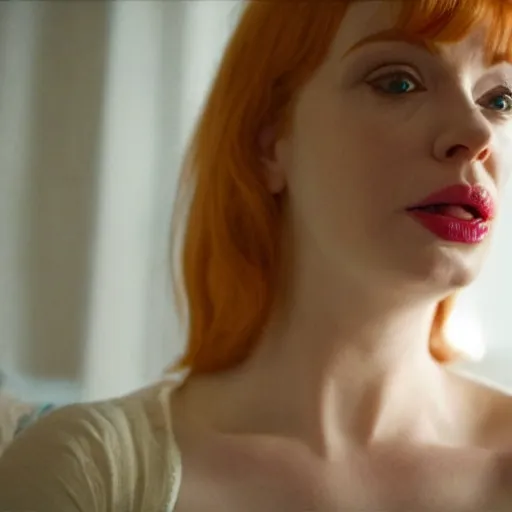Prompt: amazing beautiful Christina Hendricks with mouth wide open in the living room, film still from the movie directed by Denis Villeneuve , wide lens