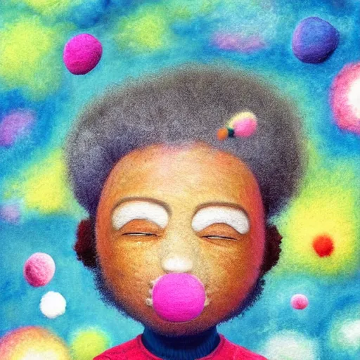 Image similar to a black boy with a colorful afro and big cute! eyes, dressed like an astronaut in a field of cotton candy, bokeh, bright colours, watercolor, volumetric wool felting, macro photography, children illustration, by goro fujita