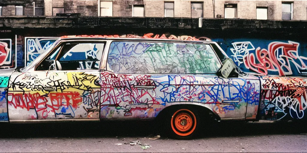 Prompt: bronx, gang in the 7 0 s car, closeup graffiti on the wall, coloured film photography, 3 5 mm film, bruce davidson photography, willy spiller photography