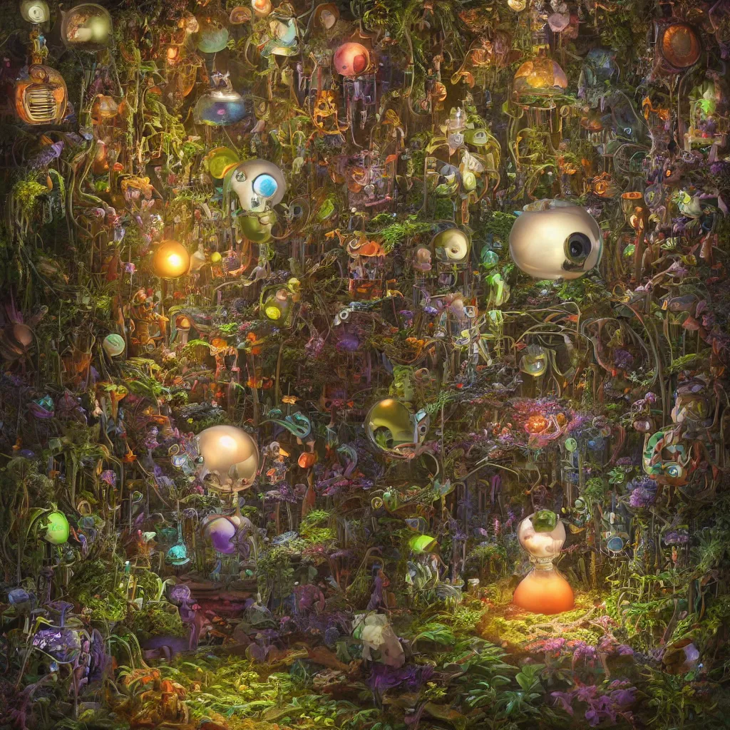 Image similar to victorian robots and bioluminous mushrooms growing in a spheroid forest, 3d render, nightlight Study, by Jan Davidsz de Heem and Lisa Frank, Art Nouveau, 8k, extreme detail, sharp focus, cinema 4d render