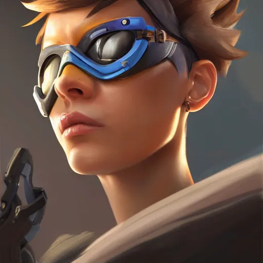 Image similar to a highly detailed portait of tracer from overwatch with muscles, digital art, pretty face, muscular, very beautiful face, very detailed eyes, 8 k resolution, digital painting, by james gurney wlop, greg rutkowski, full body