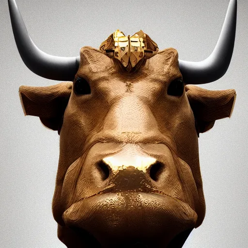 Prompt: an android ( bull ) modeled after a bull looking into the camera, android, cyborg, half body, intricate, 3 d, hyper realism, fantasy, depth of field, octane render, symmetrical, highly detailed, digital art, artstation, concept art, cinematic lighting, trending