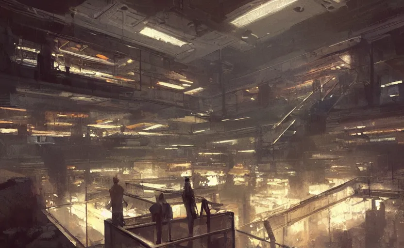 Image similar to looking up at a luxury high tech loft interior, painting by Craig Mullins, interior design, octane rendering, warm moody lighting, wide angle lens, low view, in the style of blade runner