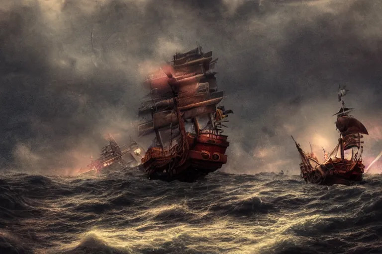 Image similar to epic pirate ship in a storm, sighting the kraken, in the style of vernon grant and chris van allsburg, trending on artstation, bright tilt - shift camcorder effect, photoshop, retrowave, hyperrealism,