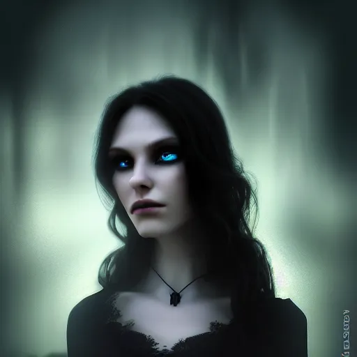 Prompt: portrait brunette PANDORA, Captivating, Noble, New Tales of the Vampires character, Highgate cemetery, face centred, fog, volumetric lighting, beautiful, blueish moonlight, sharp focus, ultra detailed, cgsociety