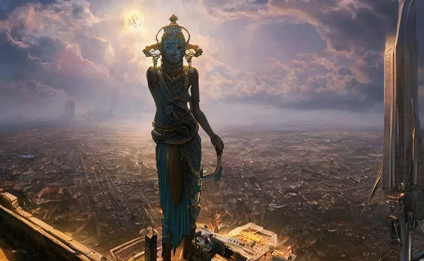 Image similar to giant statue of anunnaki god anu on top of a hill overlooking a cyberpunk city, hyperrealistic concept art, detailed, sharp focus, cgsociety, atmospheric lighting, art by artgerm and greg rutkowski and alphonse mucha