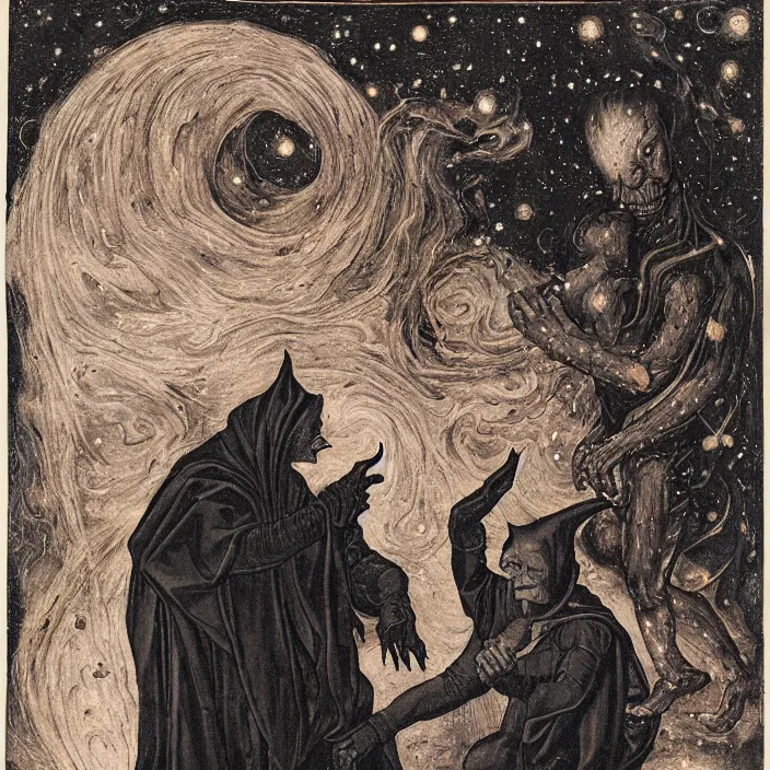 Prompt: a goblin monster and a woman in a black cloak, in a nebula, by Rogier van der Weyden