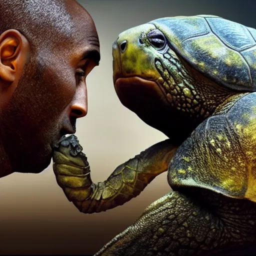 Image similar to kobe bryant kissing a giant turtle in heaven, hyper realistic, side view, digital art, amazing detail, artstatiom, cgsociety, epic art