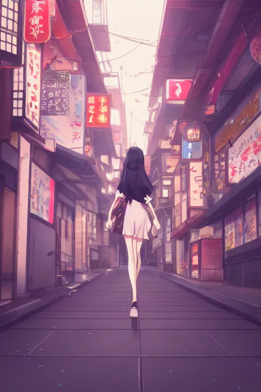 Image similar to a beautiful girl with dark hair walking down a japanese style street, ambient lighting, dynamic lighting, 4k, official media, anime key visual, makoto shinkai, ilya kuvshinov, rossdraws, detailed, trending on artstation