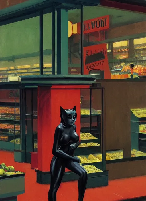 Image similar to catwoman in line at a grocery store painting by Edward Hopper and James Gilleard, Zdzislaw Beksinski highly detailed