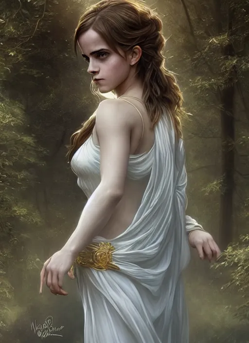 Image similar to emma watson as magic healer celestial, long hair, white and gold cloth, lake in the forest, D&D, shiny background, intricate, elegant, highly detailed, digital painting, artstation, concept art, smooth, sharp focus, illustration, artgerm, bouguereau