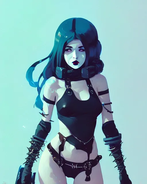 Image similar to portrait of cute goth girl in cyber bikini armor, warhammer, by atey ghailan, by greg rutkowski, by greg tocchini, by james gilleard, by joe fenton, by kaethe butcher, dynamic in lighting, gradient light blue, brown, blonde cream and white color scheme, grunge aesthetic