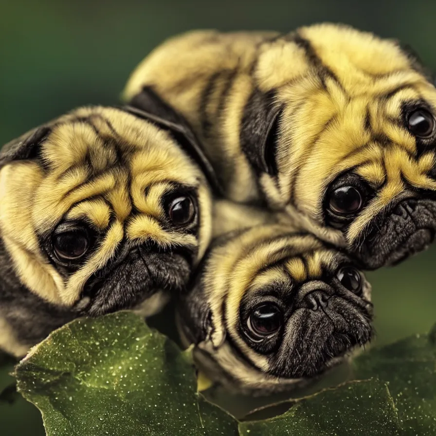 Prompt: bumblebee pug, soft and fluffy, macro photography, high resolution photo, cinematic lighting, beehive interior backgrounds, there is only one bumblepug!!!!!!!!, solo subject!!, trending on artstation, no ( ( ( ( ( ( ( two headed ) ) ) ) ) ) )