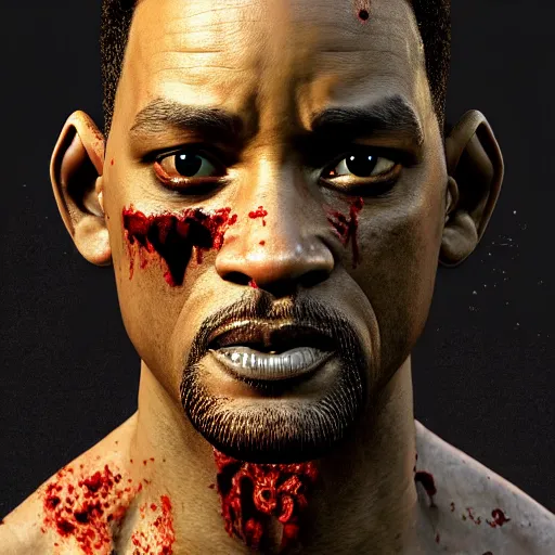 Prompt: eighties will smith as a flesh eating zombie with cuts on face, 7 days to die zombie, fine art, award winning, intricate, elegant, sharp focus, cinematic lighting, highly detailed, digital painting, 8 k concept art, art by guweiz and z. w. gu, masterpiece, trending on artstation, 8 k