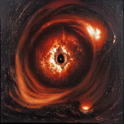 Image similar to expressive dark color intense oil painting of an explosion of a black hole cluster by godmachine, h. g. giger, horror art