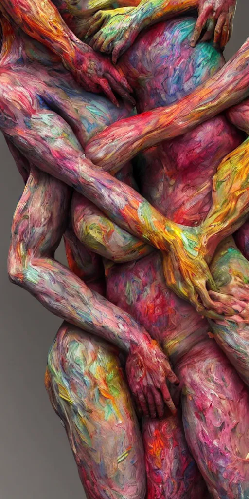 Image similar to closeup photograph of a surrealist sculpture human bodies intertwined, a lovely cornucopia of flowers and human body parts, body parts, paint pour, swirling paint, muted color palette, skin tones, highly detailed, octane render, cinematic