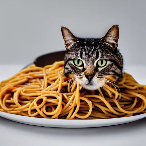 Prompt: professional photography of a cat sitting on a plate of spaghetti