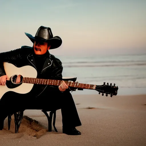 Prompt: photo of a panda wearing a cowboy hat and black leather jacket playing a guitar on a beach