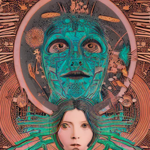 Prompt: a girl with huge shiny silver eyes, colored woodcut, poster art, by Mackintosh, art noveau, by Ernst Haeckel, bright pastel colors, 8k, octane render,