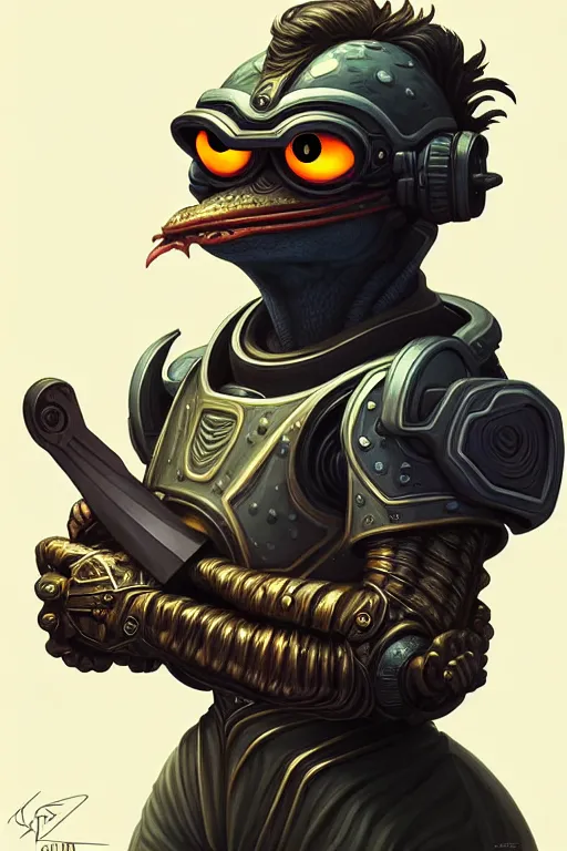 Image similar to Portrait of pepe with a spoon wearing futuristic power armor, fantasy, intricate, highly detailed, digital painting, trending on artstation, sharp focus, illustration, style of Stanley Artgerm and Greg Rutkowski and Dan Mumford