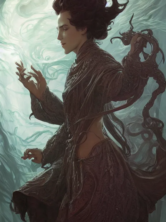 Prompt: summoner of cthulhu, d & d, thick robe, elder gods, fantasy, intricate, elegant, highly detailed, digital painting, artstation, concept art, wallpaper, smooth, sharp focus, illustration, art by artgerm and greg rutkowski and alphonse mucha