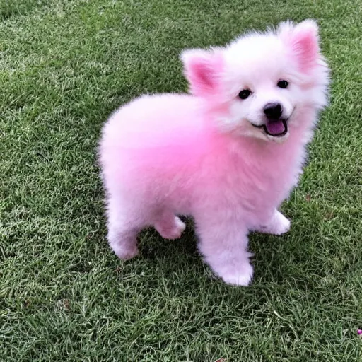 Image similar to a an adorable pink fluffy puppy with under a rainbow