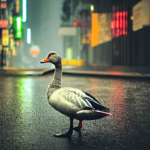 Image similar to a high quality low wide angle photo of a Greylag Goose on the streets of a cyberpunk city, rainy, reflective ground, neon lights, realism, 8k