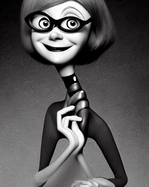 Image similar to candid portrait of Edna from pixar incredibles, highly detailed, editorial photography, sharp focus, by Annie Leibowitz