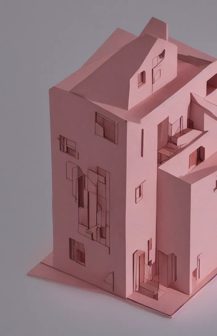 Prompt: isometric view, architectural model, studio lighting, low contrast, wood and paper, house for one pink rabbit, adolf loos, high tech, post - modernism